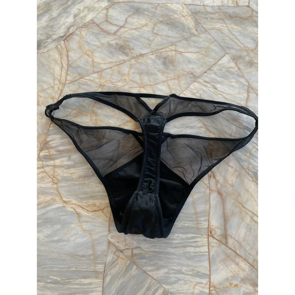 Victoria's Secret Black Satin and Sheer Mesh Strappy Caged Thong Panty Low Rise